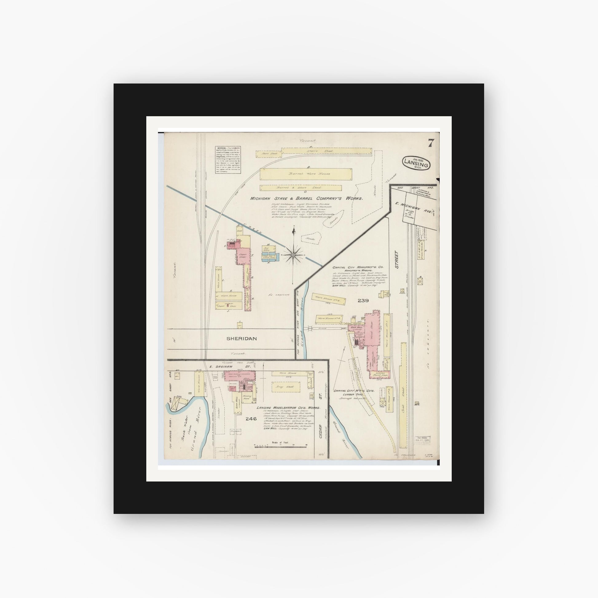 Old map wall art mockup — black gallery frame with white mat — Sanborn Fire Insurance Map from Lansing, Ingham County, Michigan (1885), Sheet #0007
