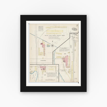 Old map wall art mockup — black gallery frame with white mat — Sanborn Fire Insurance Map from Lansing, Ingham County, Michigan (1885), Sheet #0007