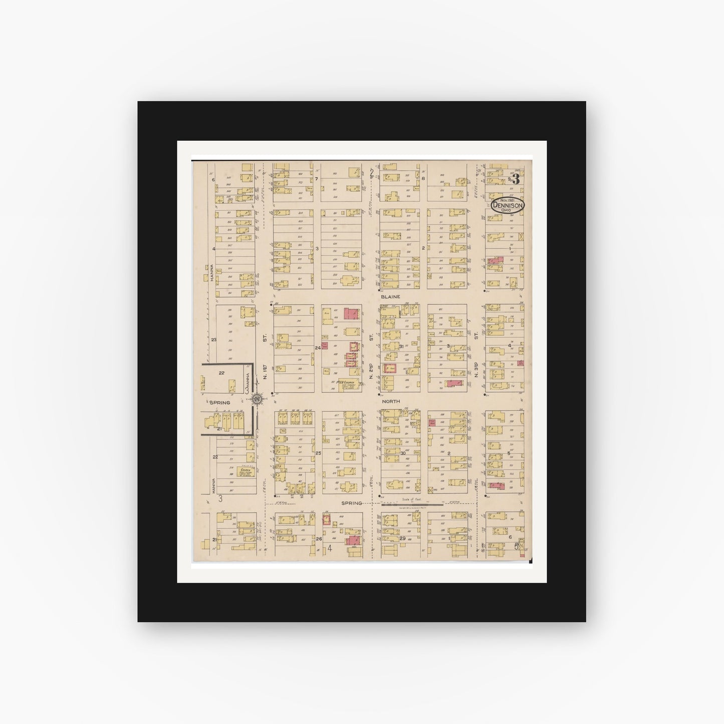 Old map wall art mockup — black gallery frame with white mat — Sanborn Fire Insurance Map from Dennison, Tuscarawas County, Ohio (1921), Sheet #0003