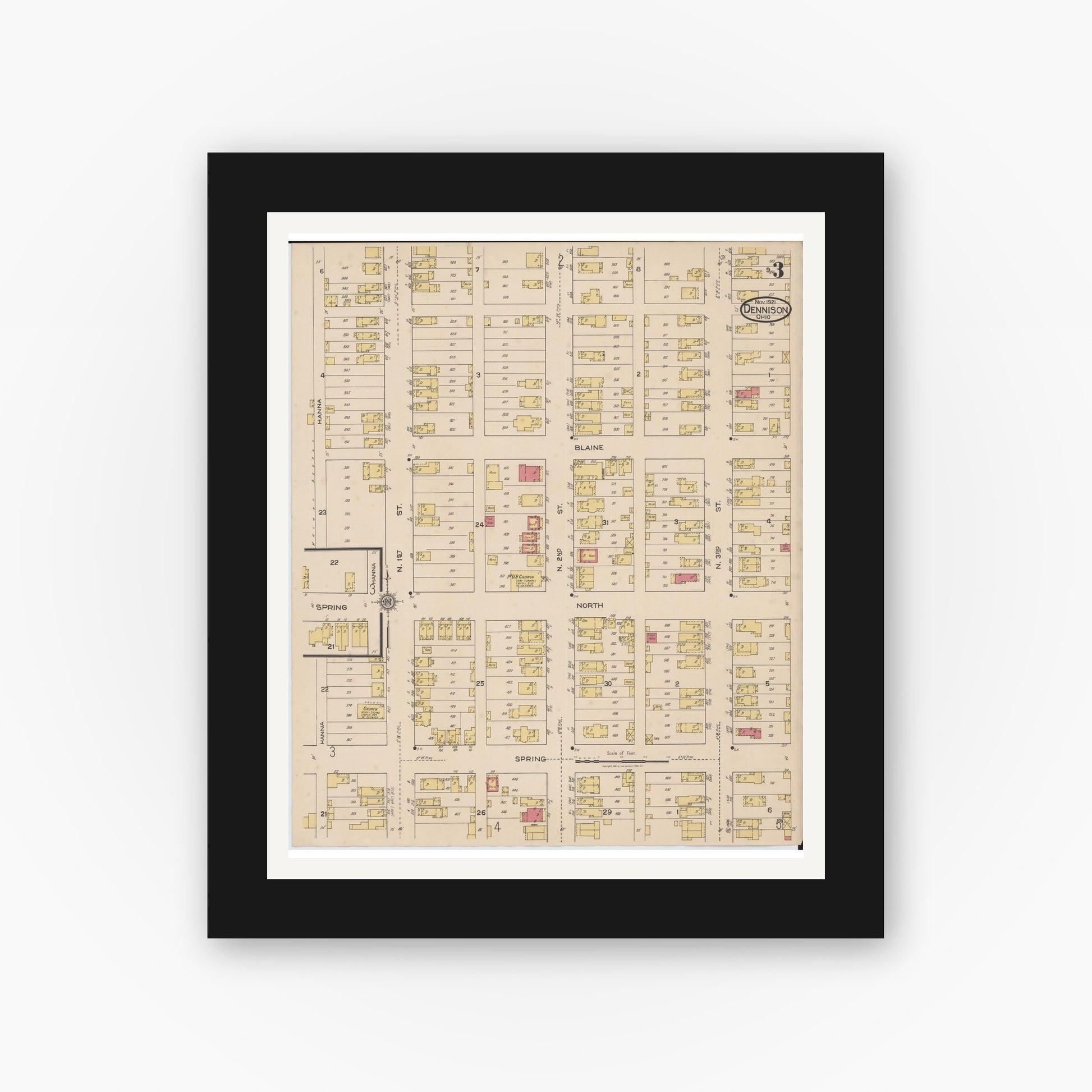 Old map wall art mockup — black gallery frame with white mat — Sanborn Fire Insurance Map from Dennison, Tuscarawas County, Ohio (1921), Sheet #0003