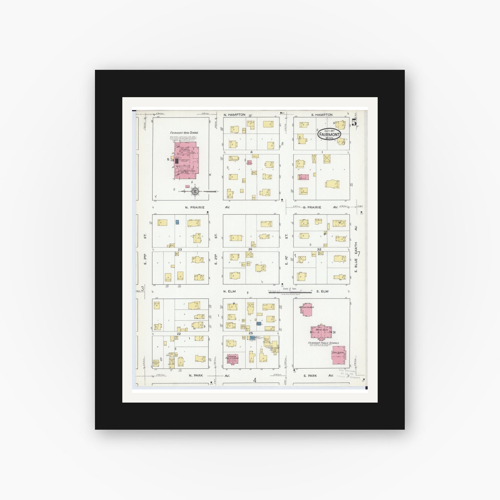 Old map wall art mockup — black gallery frame with white mat — Sanborn Fire Insurance Map from Fairmont, Martin County, Minnesota (1917), Sheet #0005