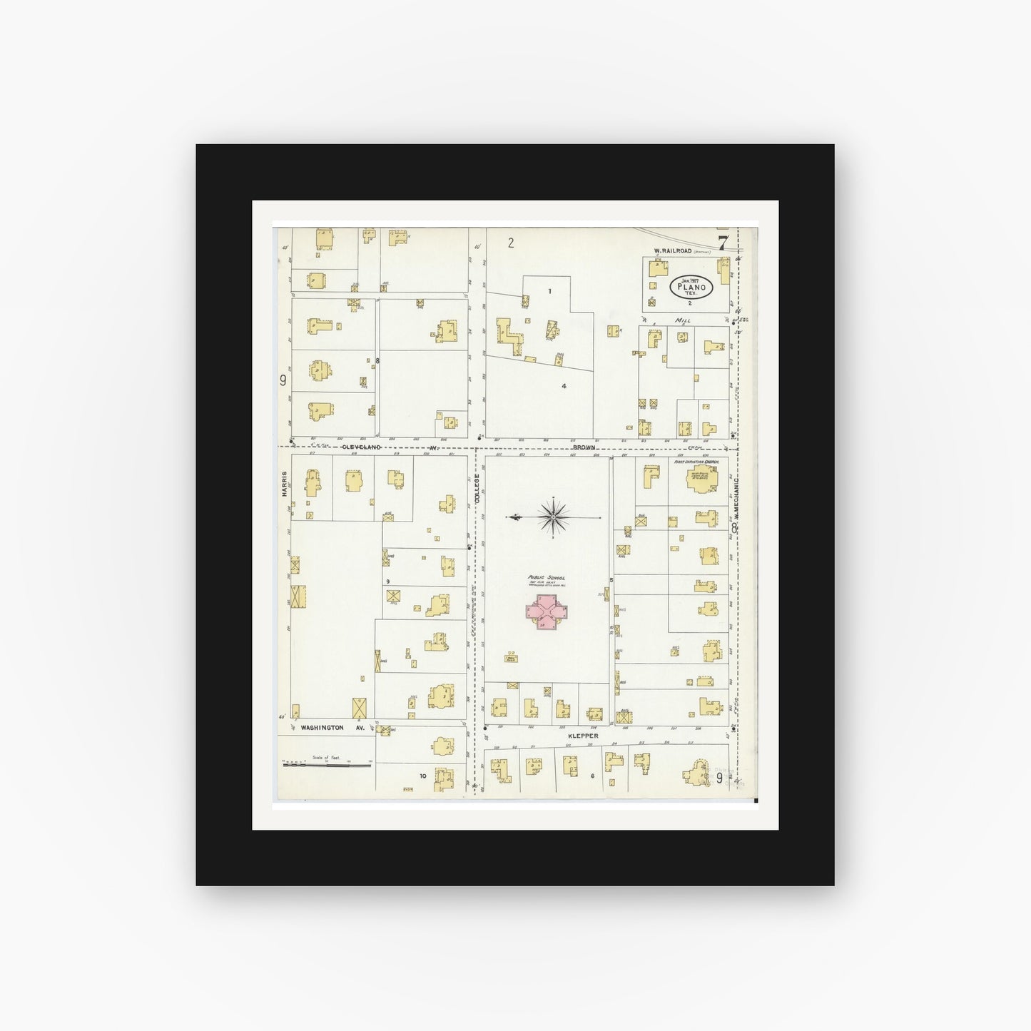 Old map wall art mockup — black gallery frame with white mat — Sanborn Fire Insurance Map from Plano, Collin County, Texas (1907), Sheet #0007