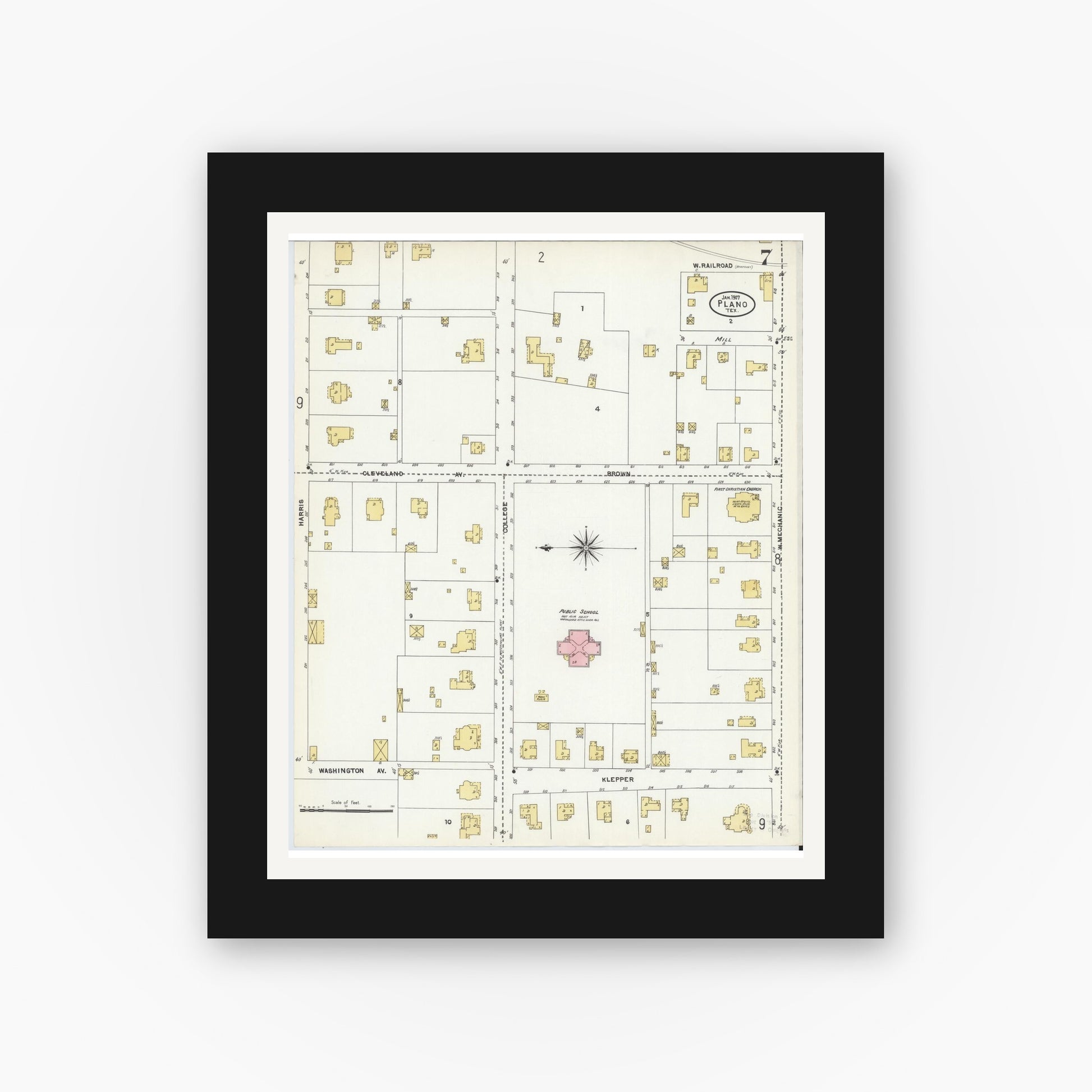 Old map wall art mockup — black gallery frame with white mat — Sanborn Fire Insurance Map from Plano, Collin County, Texas (1907), Sheet #0007