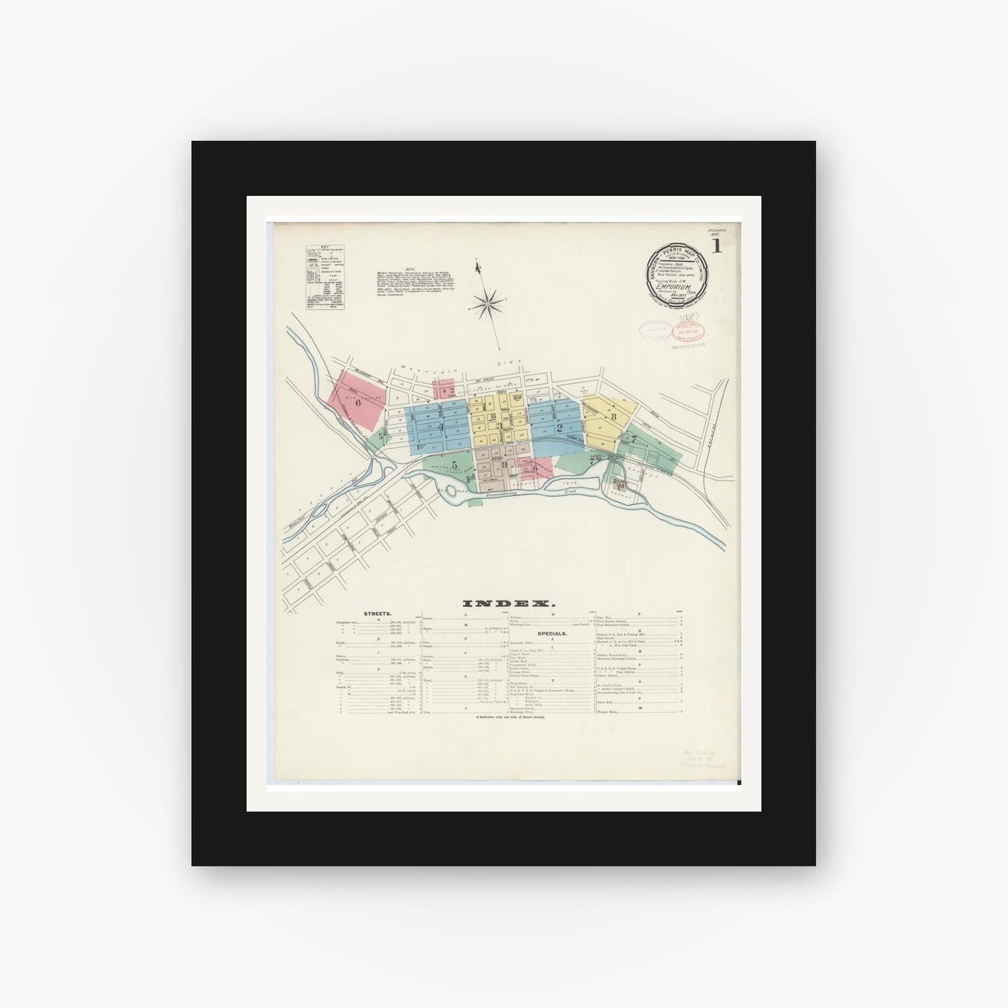 Old map wall art mockup — black gallery frame with white mat — Sanborn Fire Insurance Map from Emporium, Cameron County, Pennsylvania (1897) - Complete Map Set