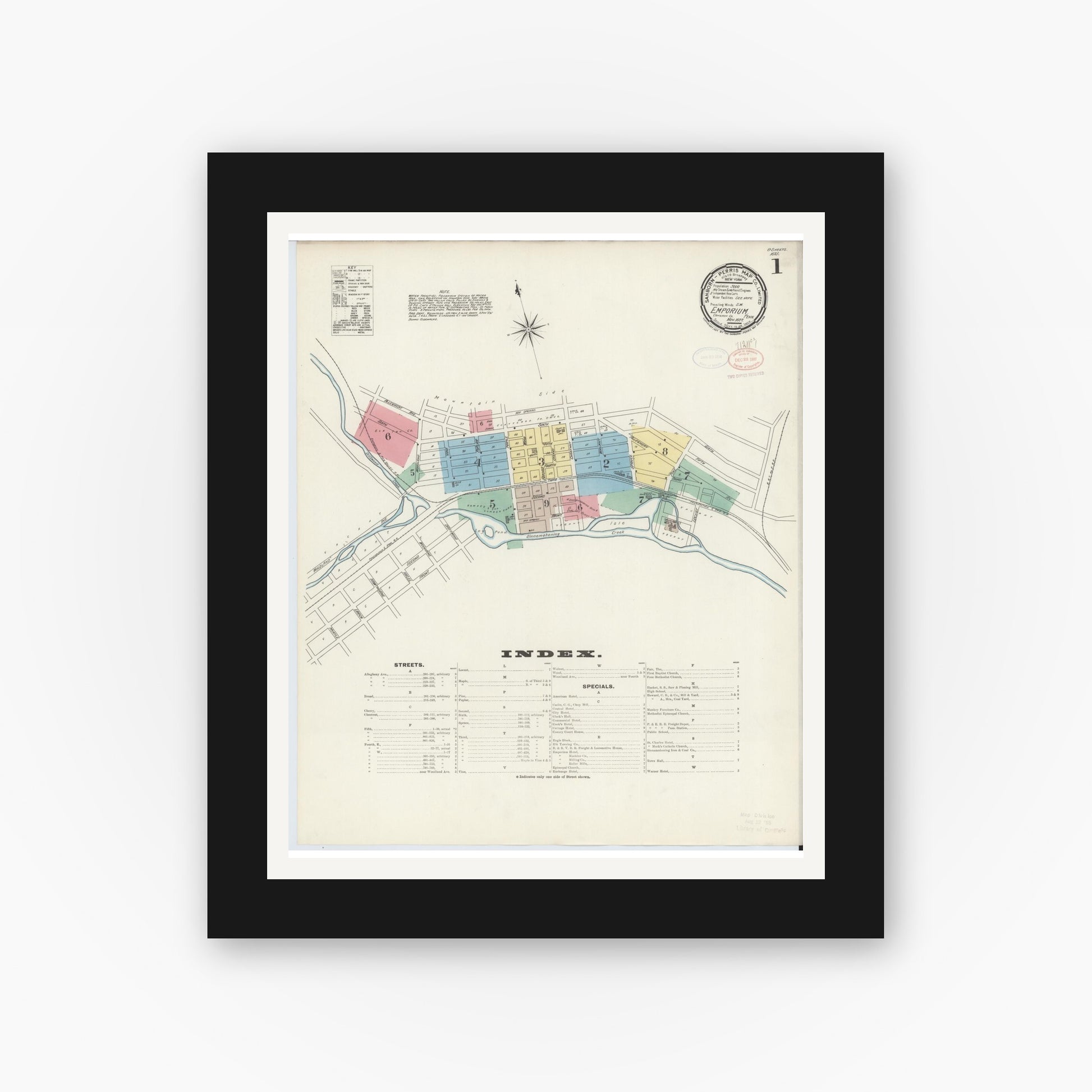 Old map wall art mockup — black gallery frame with white mat — Sanborn Fire Insurance Map from Emporium, Cameron County, Pennsylvania (1897) - Complete Map Set