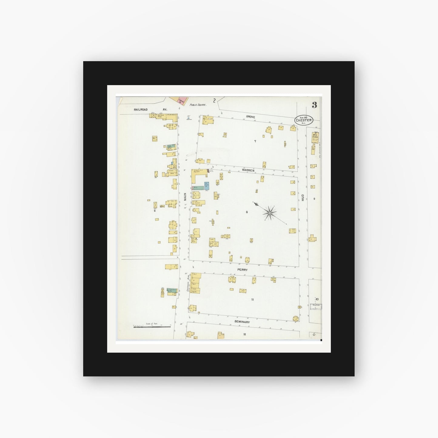Old map wall art mockup — black gallery frame with white mat — Sanborn Fire Insurance Map from Chester, Morris County, New Jersey (1901), Sheet #0003