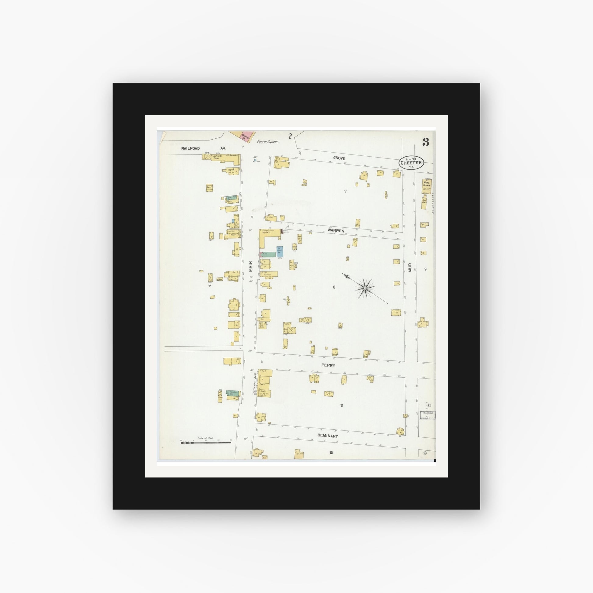 Old map wall art mockup — black gallery frame with white mat — Sanborn Fire Insurance Map from Chester, Morris County, New Jersey (1901), Sheet #0003
