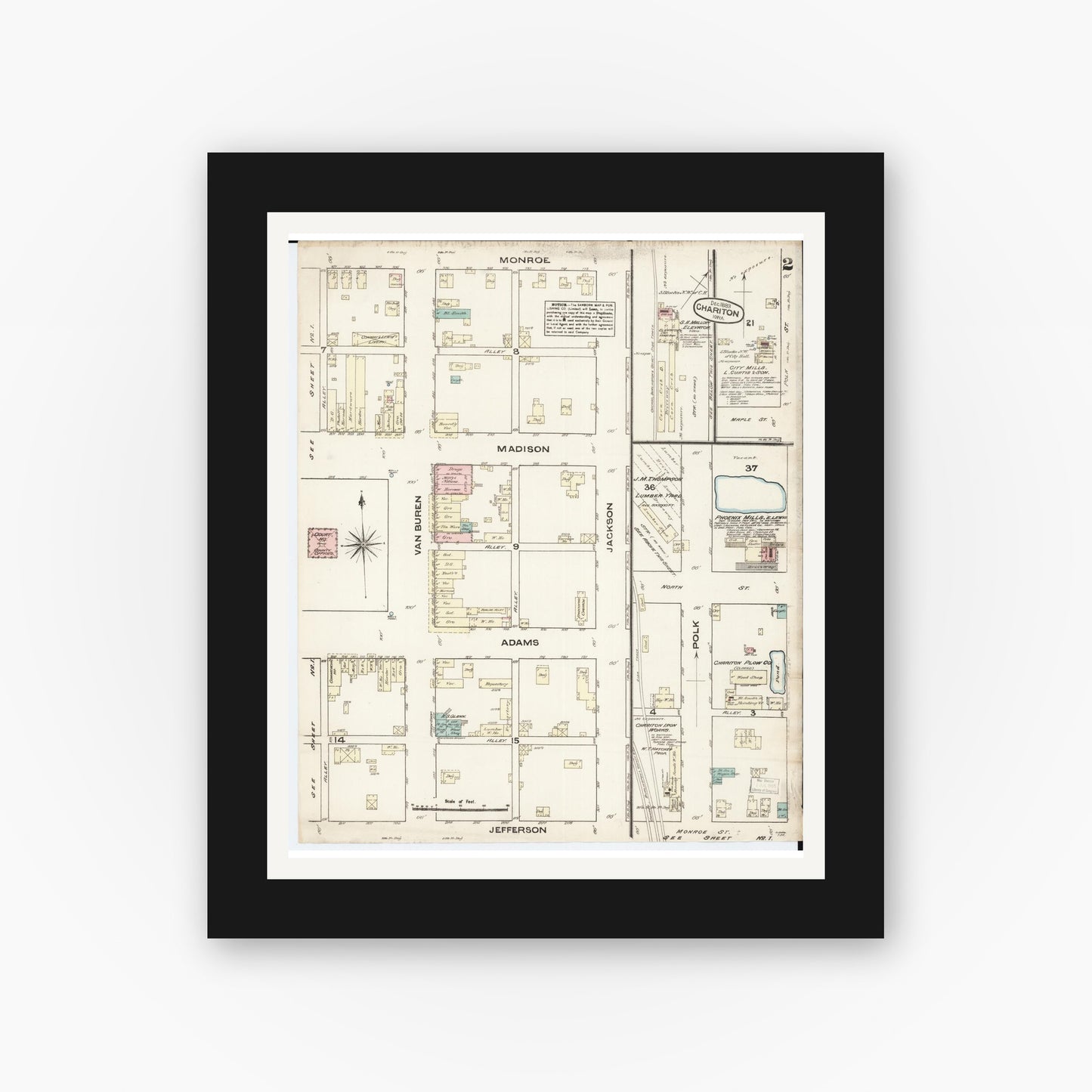 Old map wall art mockup — black gallery frame with white mat — Sanborn Fire Insurance Map from Chariton, Lucas County, Iowa (1883), Sheet #0002