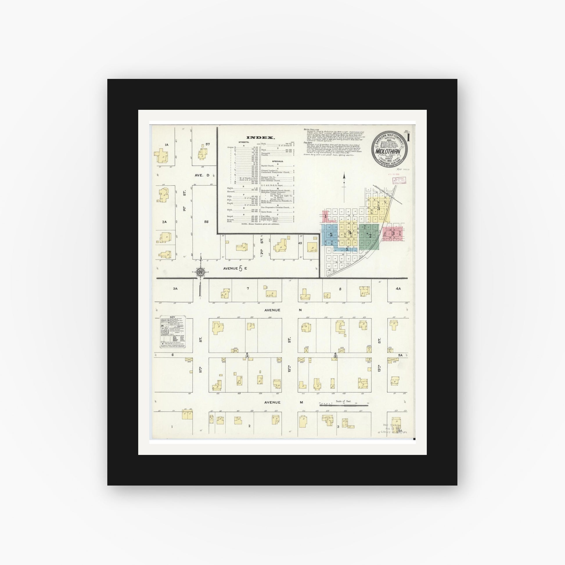 Old map wall art mockup — black gallery frame with white mat — Sanborn Fire Insurance Map from Midlothian, Ellis County, Texas (1910), Sheet #0001