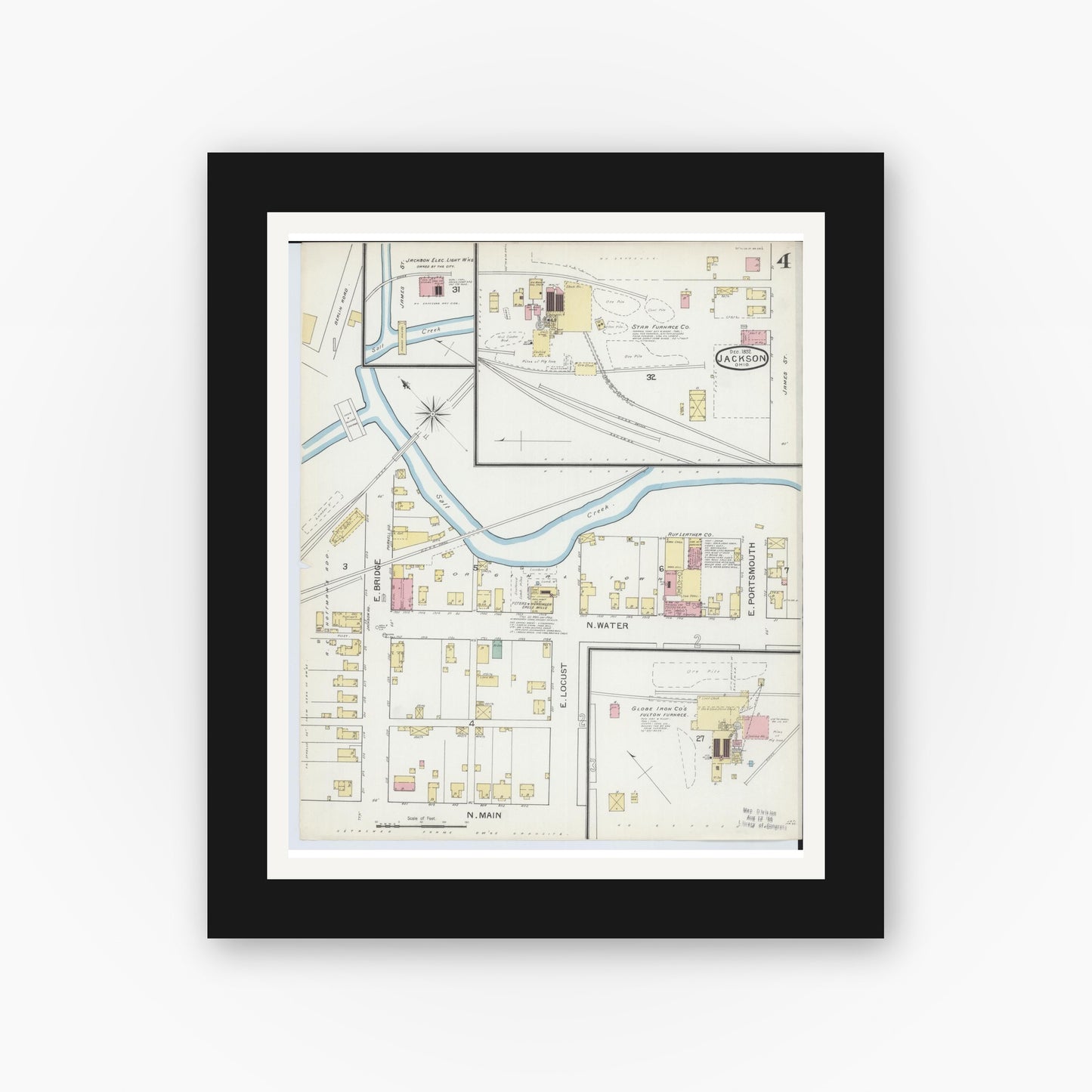 Old map wall art mockup — black gallery frame with white mat — Sanborn Fire Insurance Map from Jackson, Jackson County, Ohio (1892), Sheet #0004