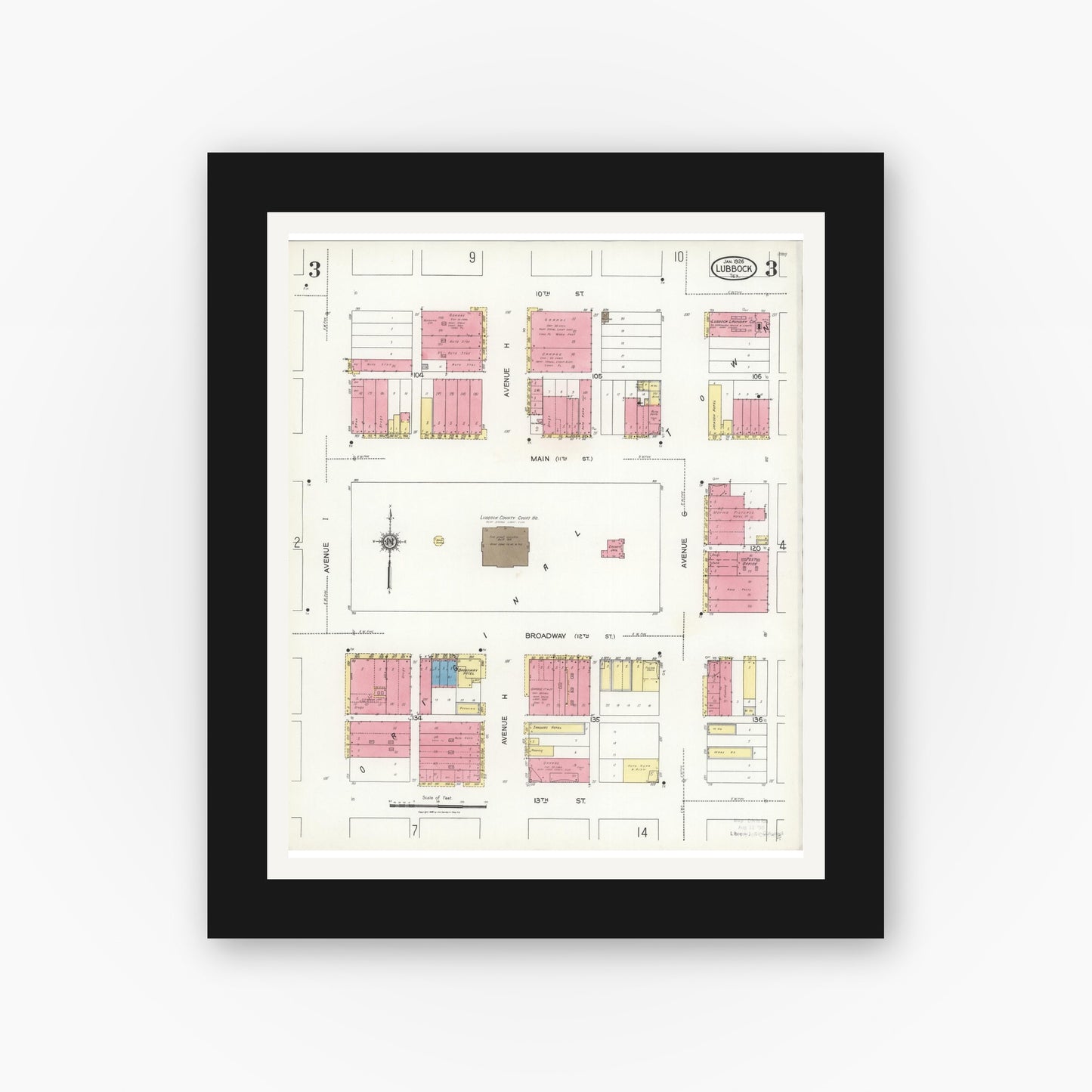 Old map wall art mockup — black gallery frame with white mat — Sanborn Fire Insurance Map from Lubbock, Lubbock County, Texas (1926), Sheet #0003