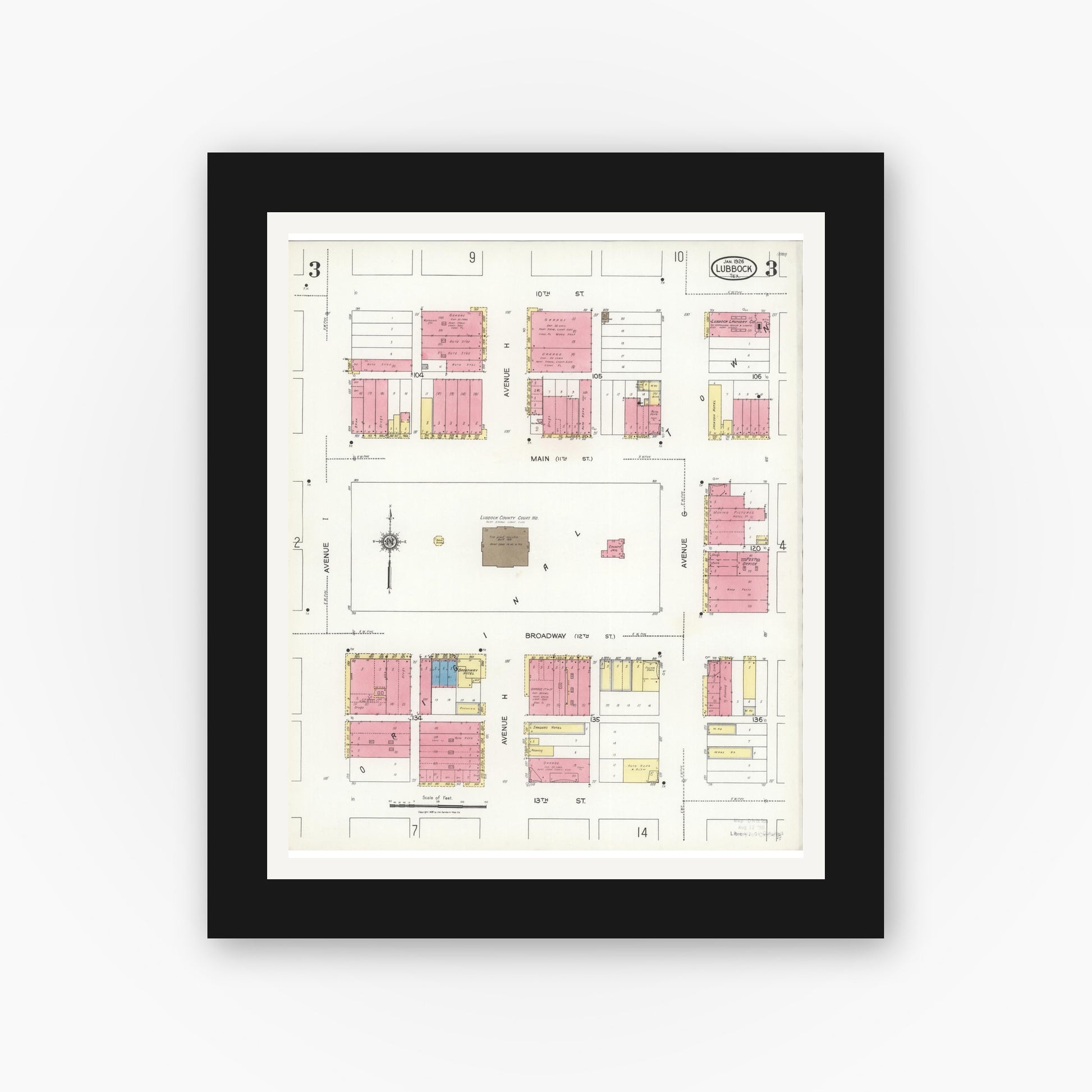 Old map wall art mockup — black gallery frame with white mat — Sanborn Fire Insurance Map from Lubbock, Lubbock County, Texas (1926), Sheet #0003