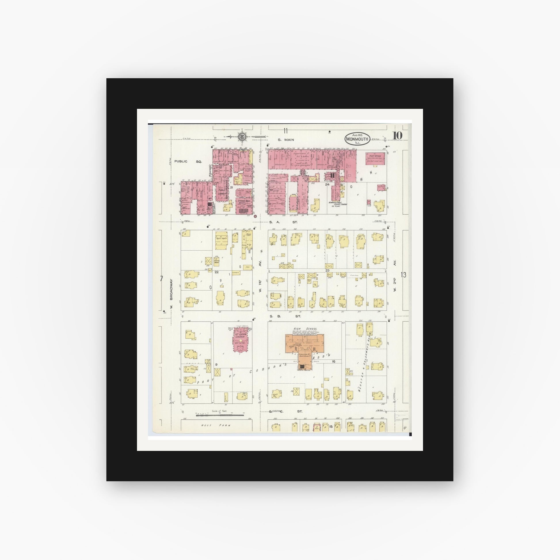 Old map wall art mockup — black gallery frame with white mat — Sanborn Fire Insurance Map from Monmouth, Warren County, Illinois (1913), Sheet #0010