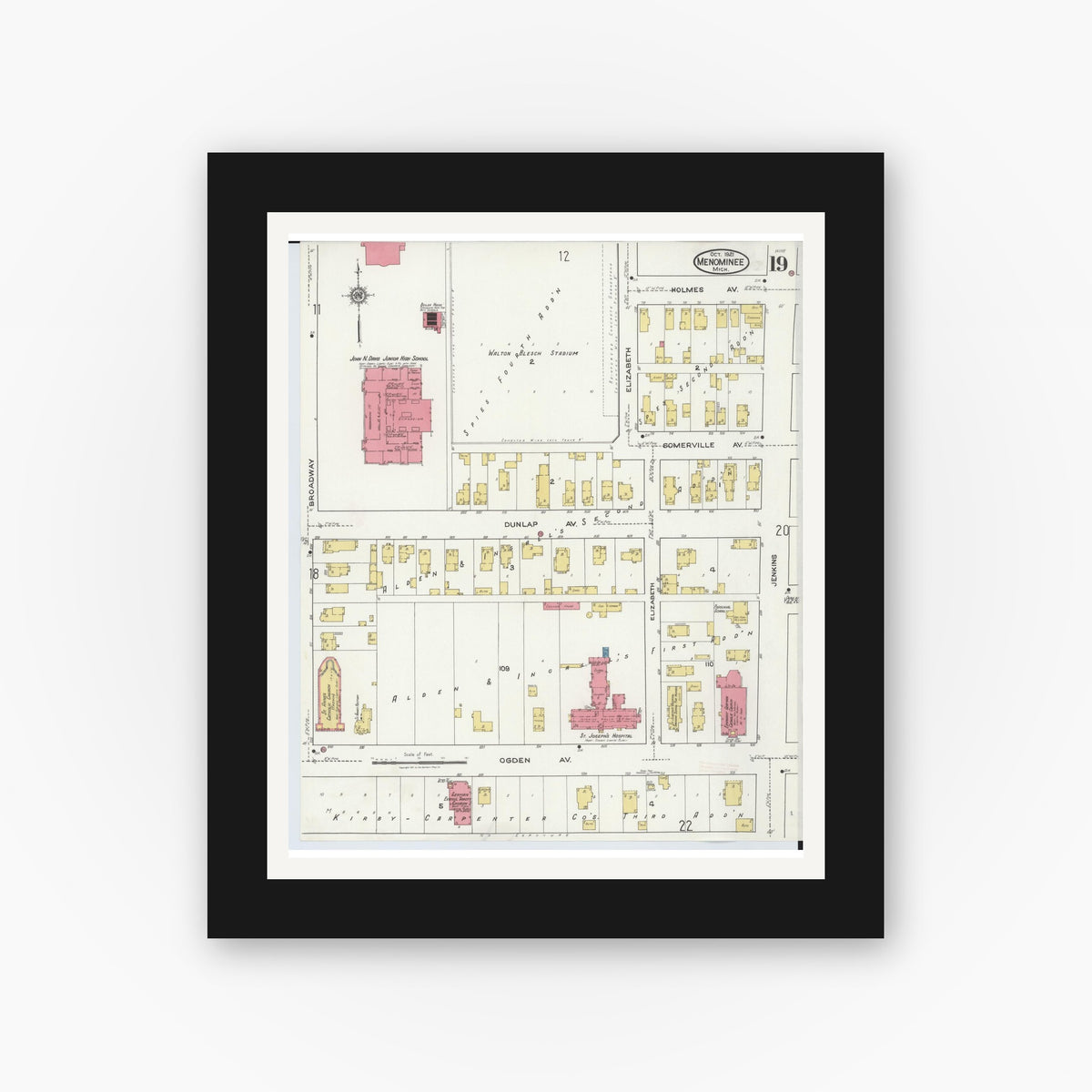 Old map wall art mockup — black gallery frame with white mat — Sanborn Fire Insurance Map from Menominee, Menominee County, Michigan (1921), Sheet #0019