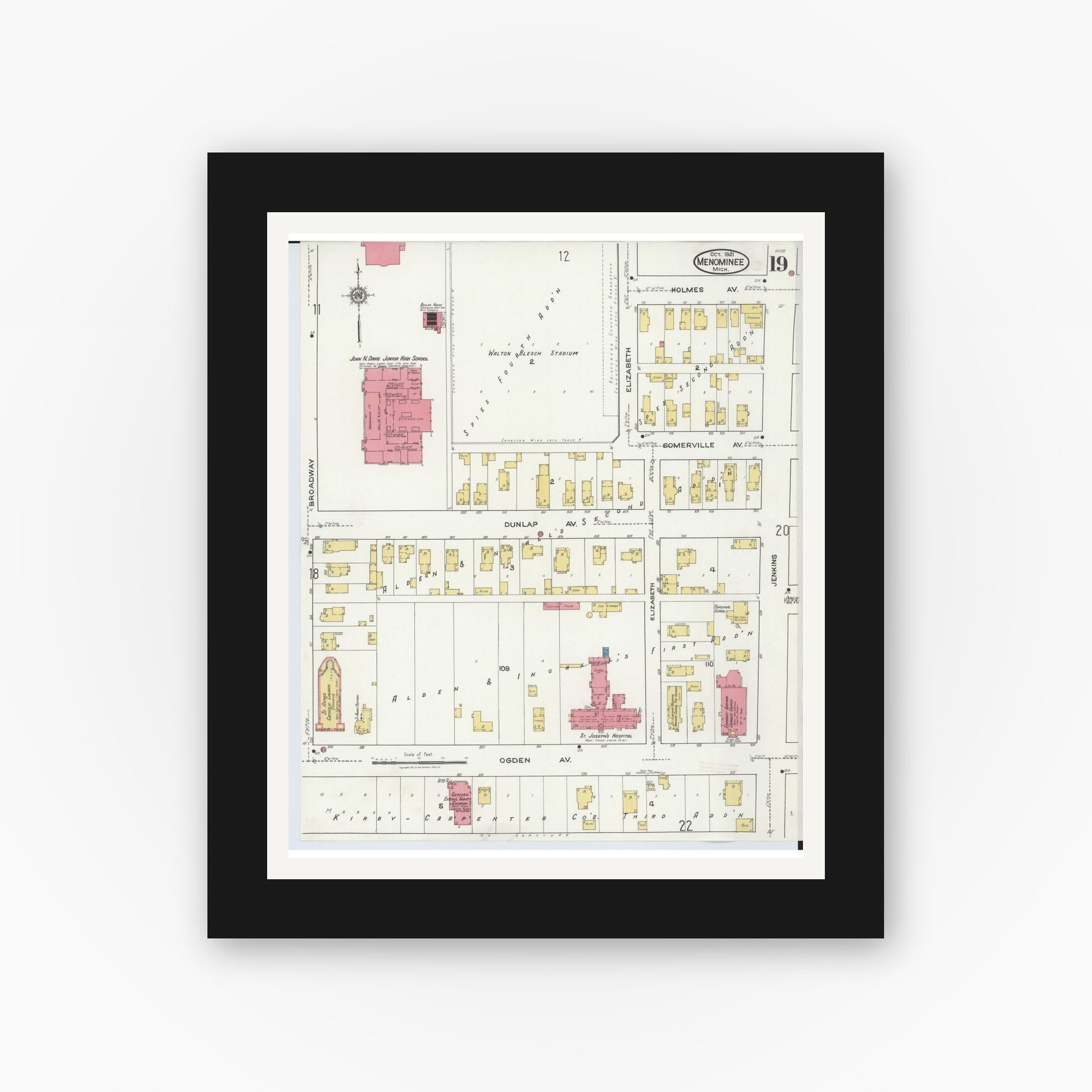 Old map wall art mockup — black gallery frame with white mat — Sanborn Fire Insurance Map from Menominee, Menominee County, Michigan (1921), Sheet #0019