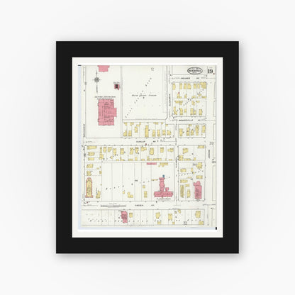 Old map wall art mockup — black gallery frame with white mat — Sanborn Fire Insurance Map from Menominee, Menominee County, Michigan (1921), Sheet #0019