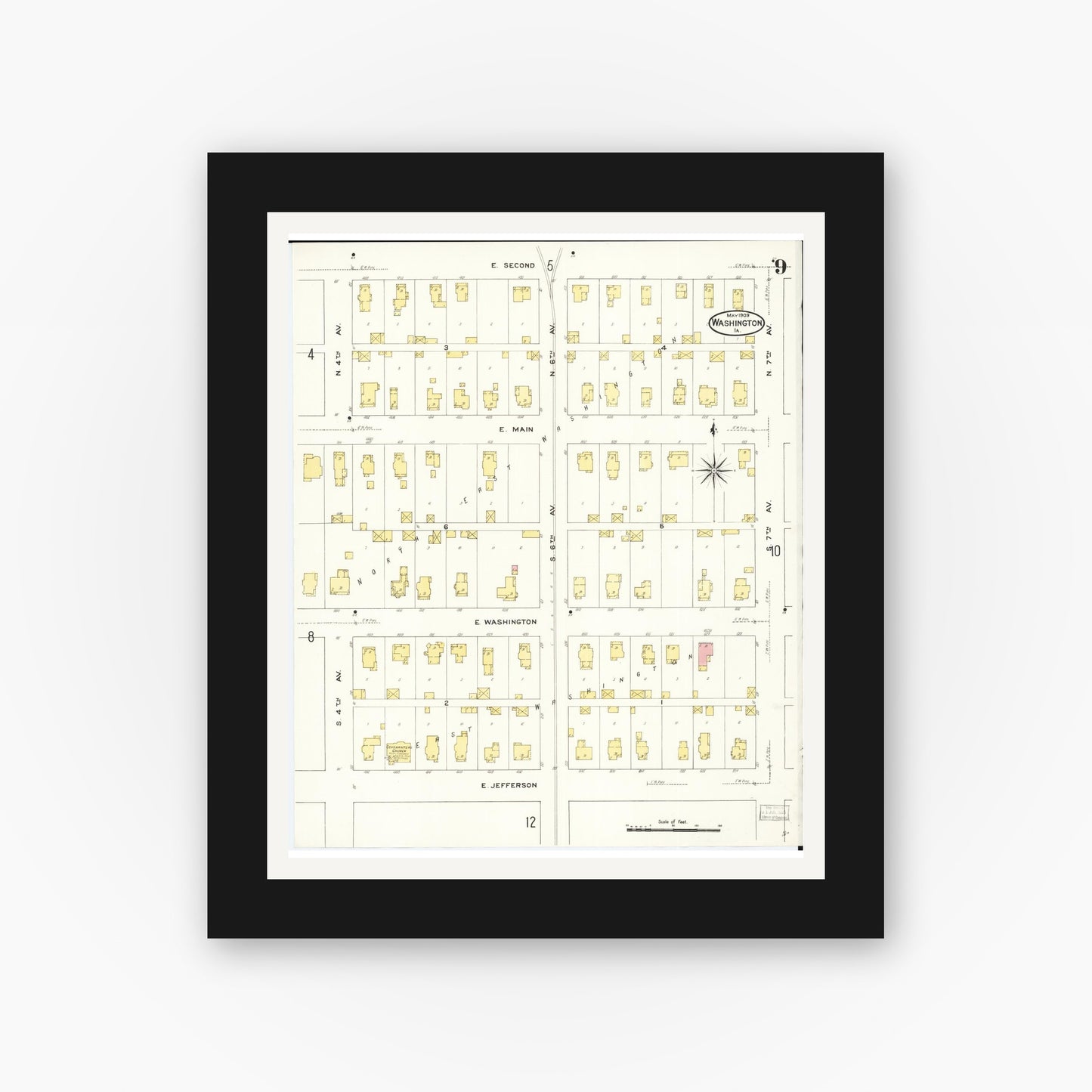 Old map wall art mockup — black gallery frame with white mat — Sanborn Fire Insurance Map from Washington, Washington County, Iowa (1909), Sheet #0009