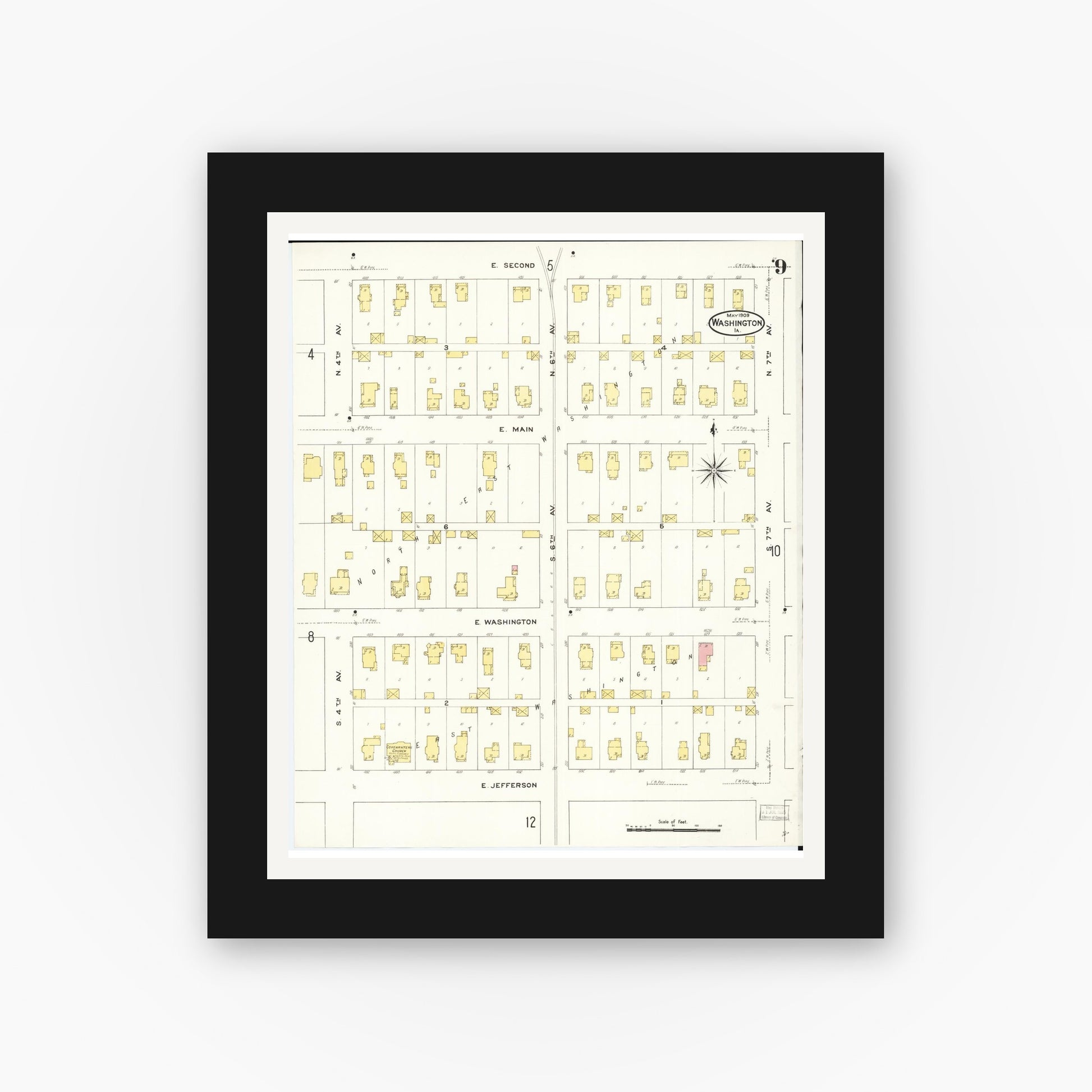 Old map wall art mockup — black gallery frame with white mat — Sanborn Fire Insurance Map from Washington, Washington County, Iowa (1909), Sheet #0009