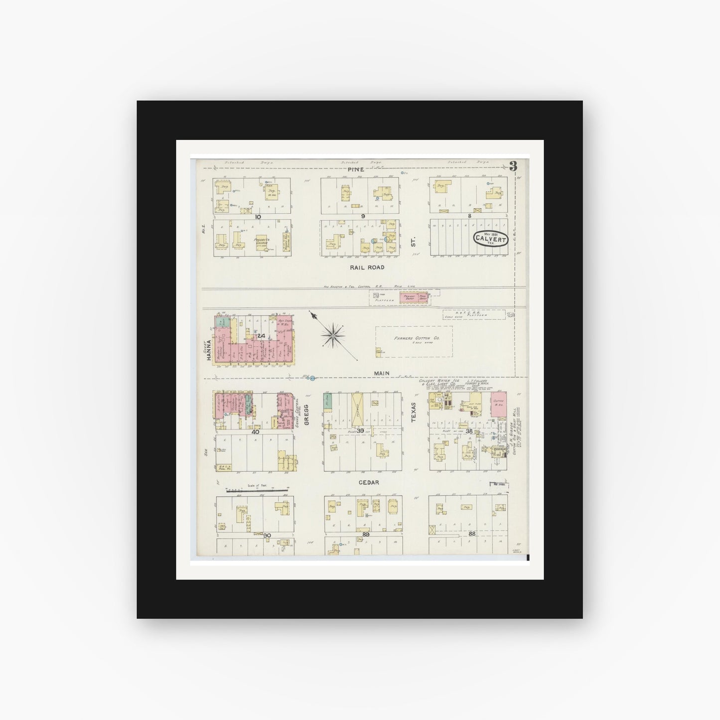 Old map wall art mockup — black gallery frame with white mat — Sanborn Fire Insurance Map from Calvert, Robertson County, Texas (1891), Sheet #0003