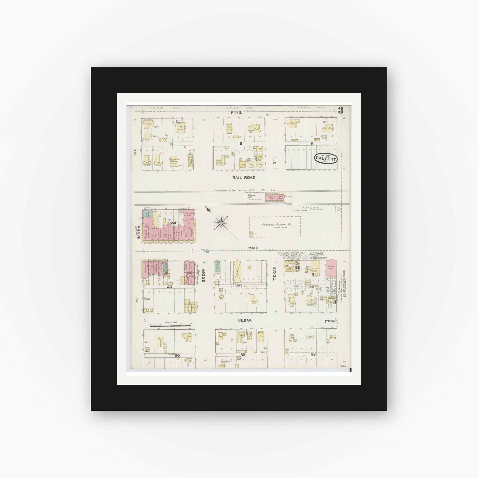 Old map wall art mockup — black gallery frame with white mat — Sanborn Fire Insurance Map from Calvert, Robertson County, Texas (1891), Sheet #0003