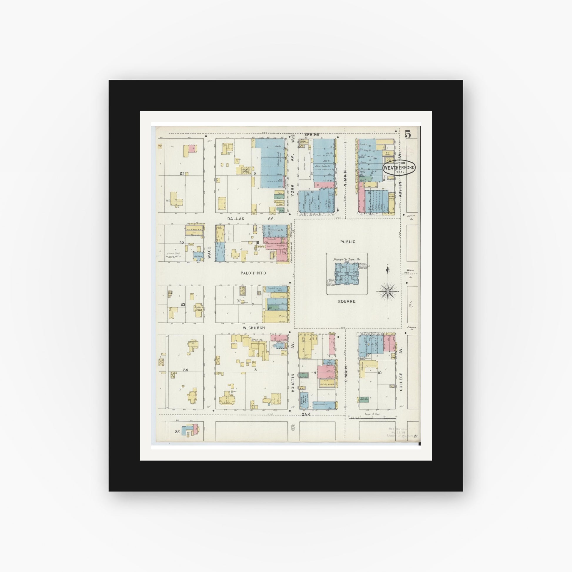 Old map wall art mockup — black gallery frame with white mat — Sanborn Fire Insurance Map from Weatherford, Parker County, Texas (1894), Sheet #0005