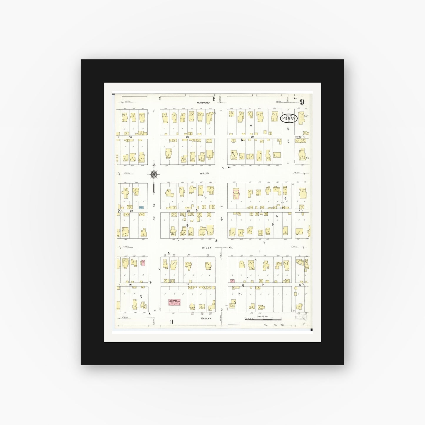 Old map wall art mockup — black gallery frame with white mat — Sanborn Fire Insurance Map from Perry, Dallas County, Iowa (1911), Sheet #0009