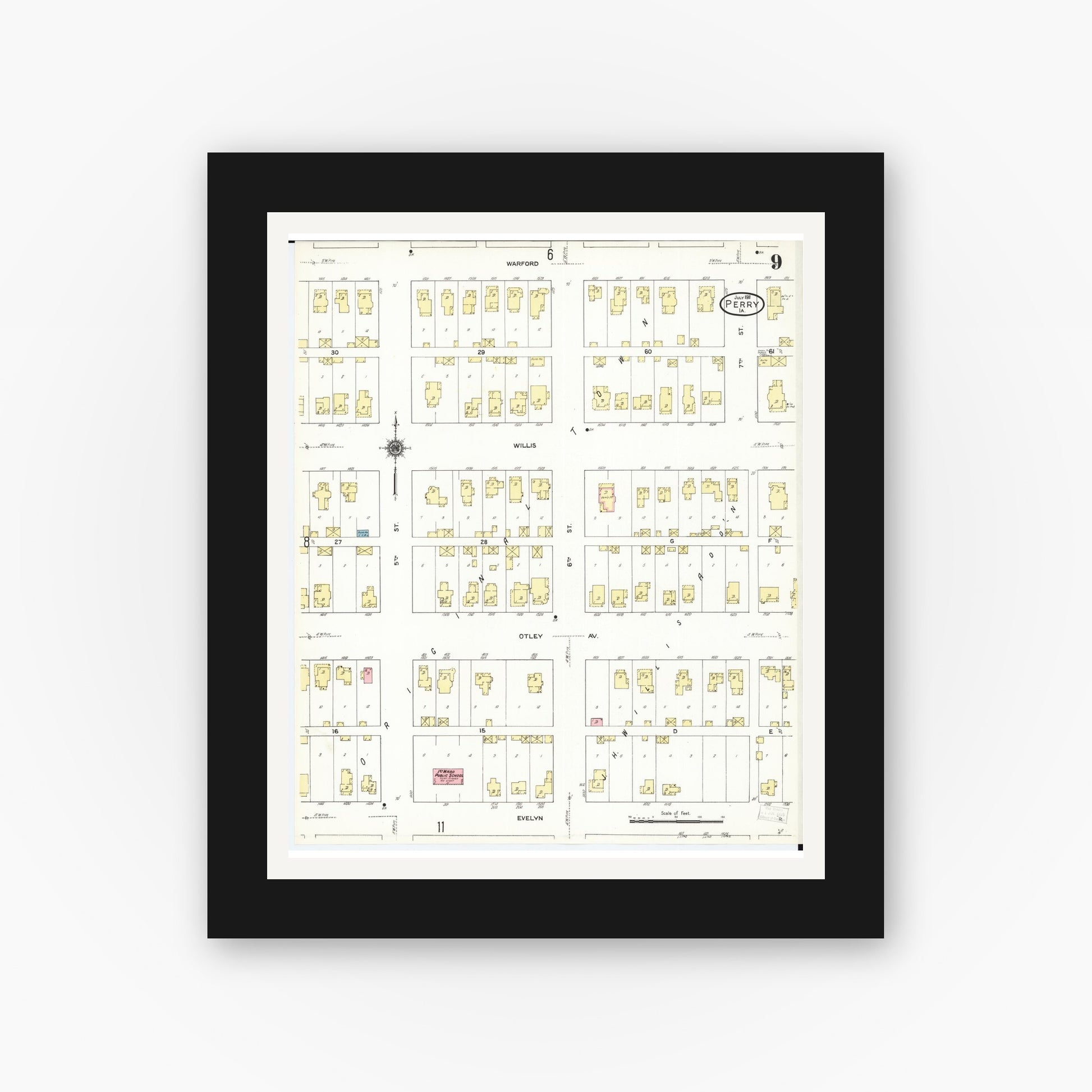 Old map wall art mockup — black gallery frame with white mat — Sanborn Fire Insurance Map from Perry, Dallas County, Iowa (1911), Sheet #0009