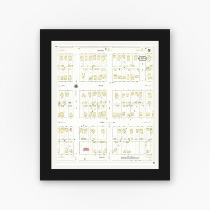Old map wall art mockup — black gallery frame with white mat — Sanborn Fire Insurance Map from Perry, Dallas County, Iowa (1911), Sheet #0009