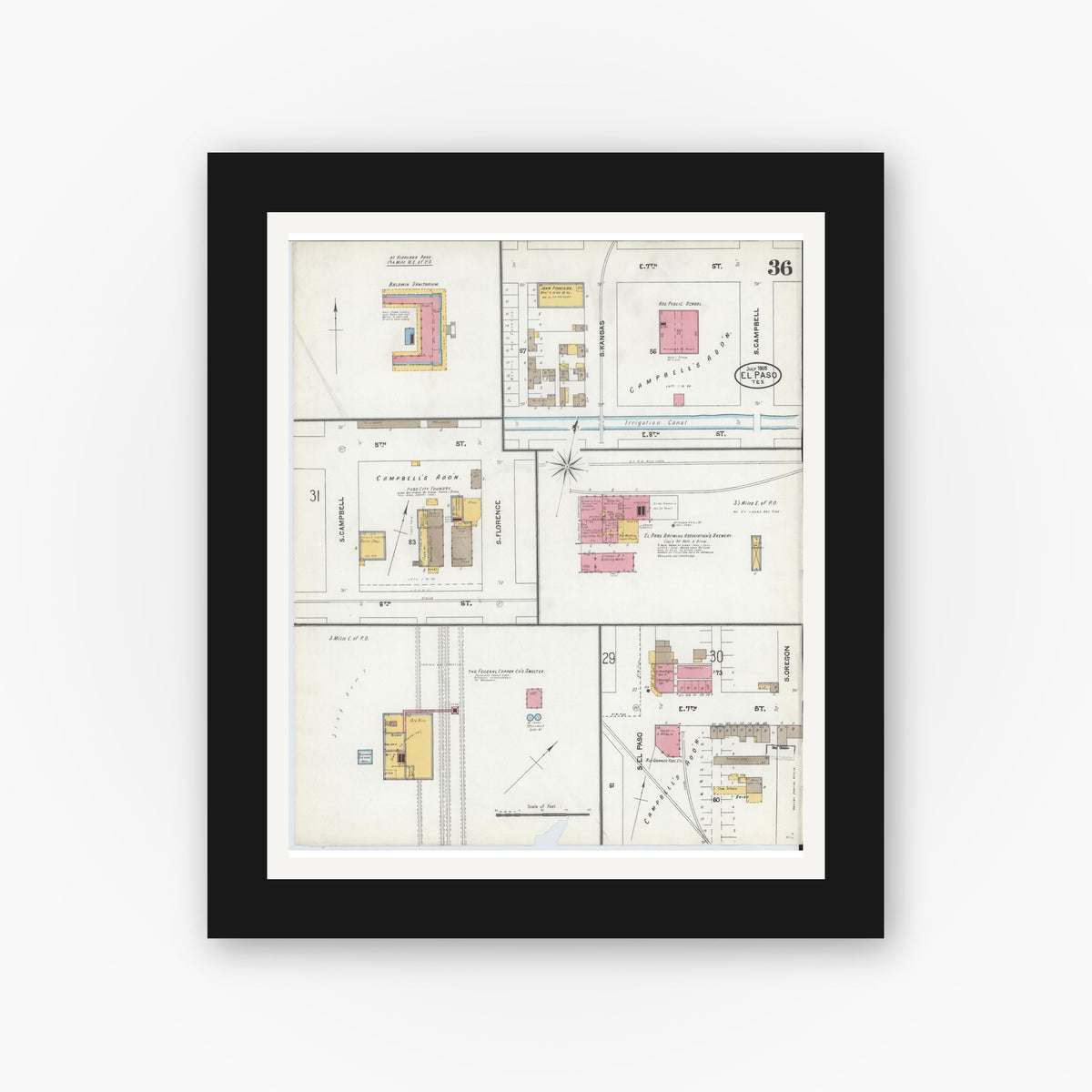 Old map wall art mockup — black gallery frame with white mat — Sanborn Fire Insurance Map from El Paso, El Paso County, Texas (1905), Sheet #0036