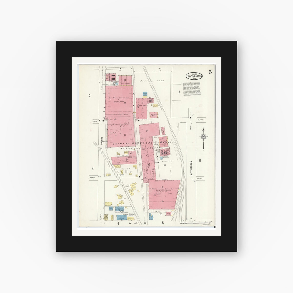 Old map wall art mockup — black gallery frame with white mat — Sanborn Fire Insurance Map from Bloomington, Monroe County, Indiana (1913), Sheet #0005
