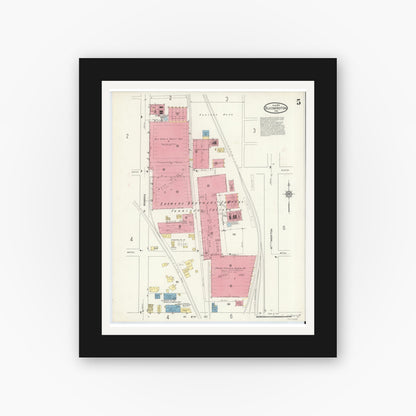 Old map wall art mockup — black gallery frame with white mat — Sanborn Fire Insurance Map from Bloomington, Monroe County, Indiana (1913), Sheet #0005