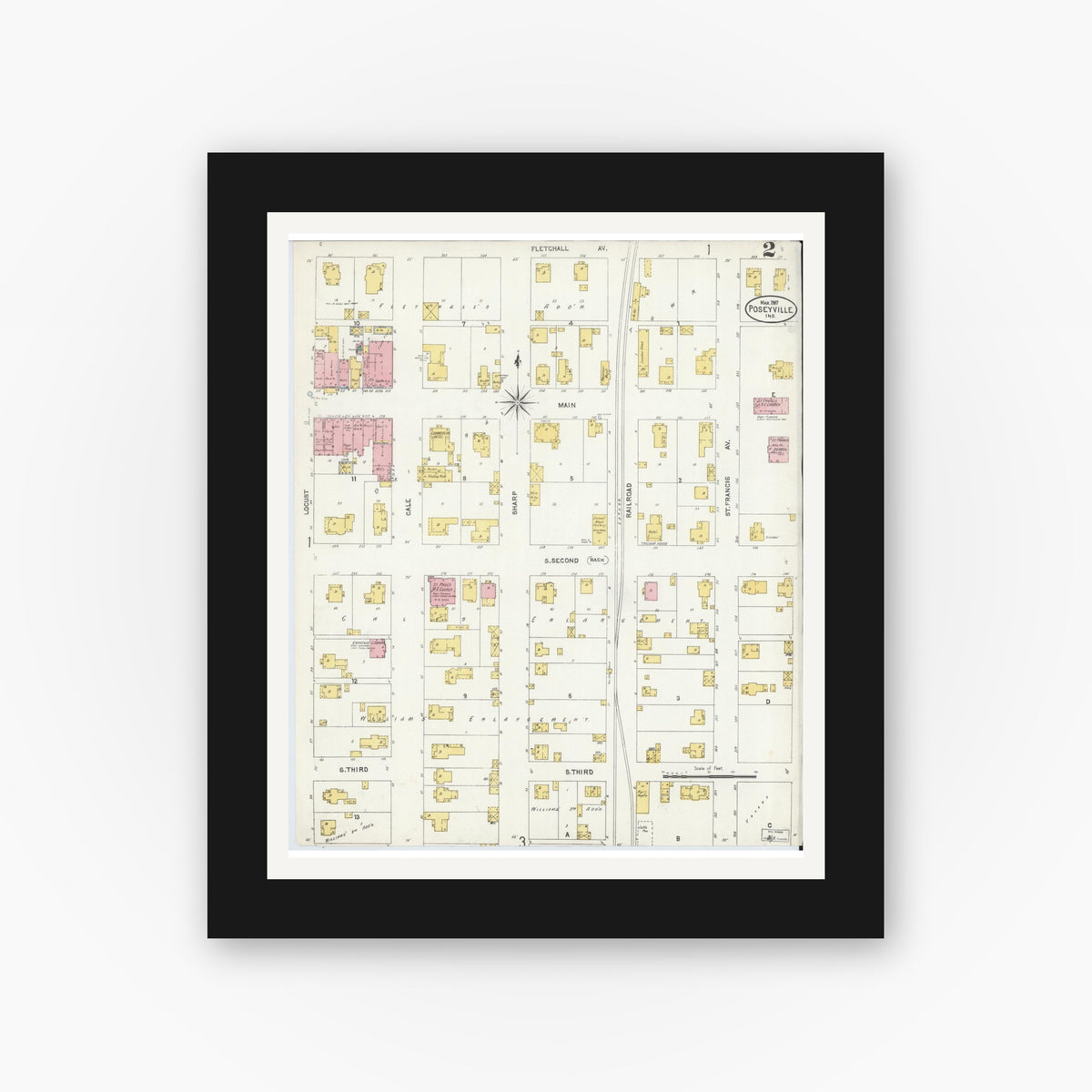 Old map wall art mockup — black gallery frame with white mat — Sanborn Fire Insurance Map from Poseyville, Posey County, Indiana (1907), Sheet #0002
