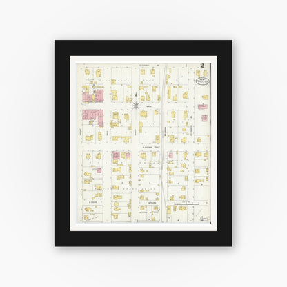 Old map wall art mockup — black gallery frame with white mat — Sanborn Fire Insurance Map from Poseyville, Posey County, Indiana (1907), Sheet #0002