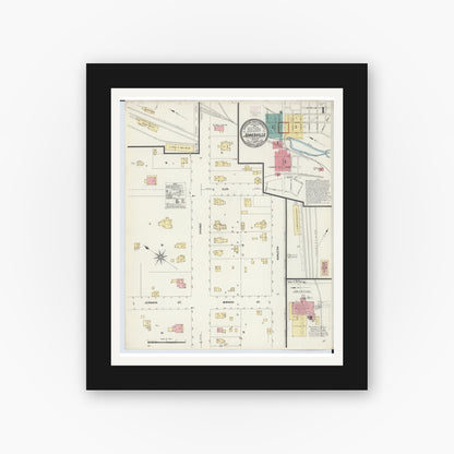 Old map wall art mockup — black gallery frame with white mat — Sanborn Fire Insurance Map from Jonesville, Hillsdale County, Michigan (1907), Sheet #0001