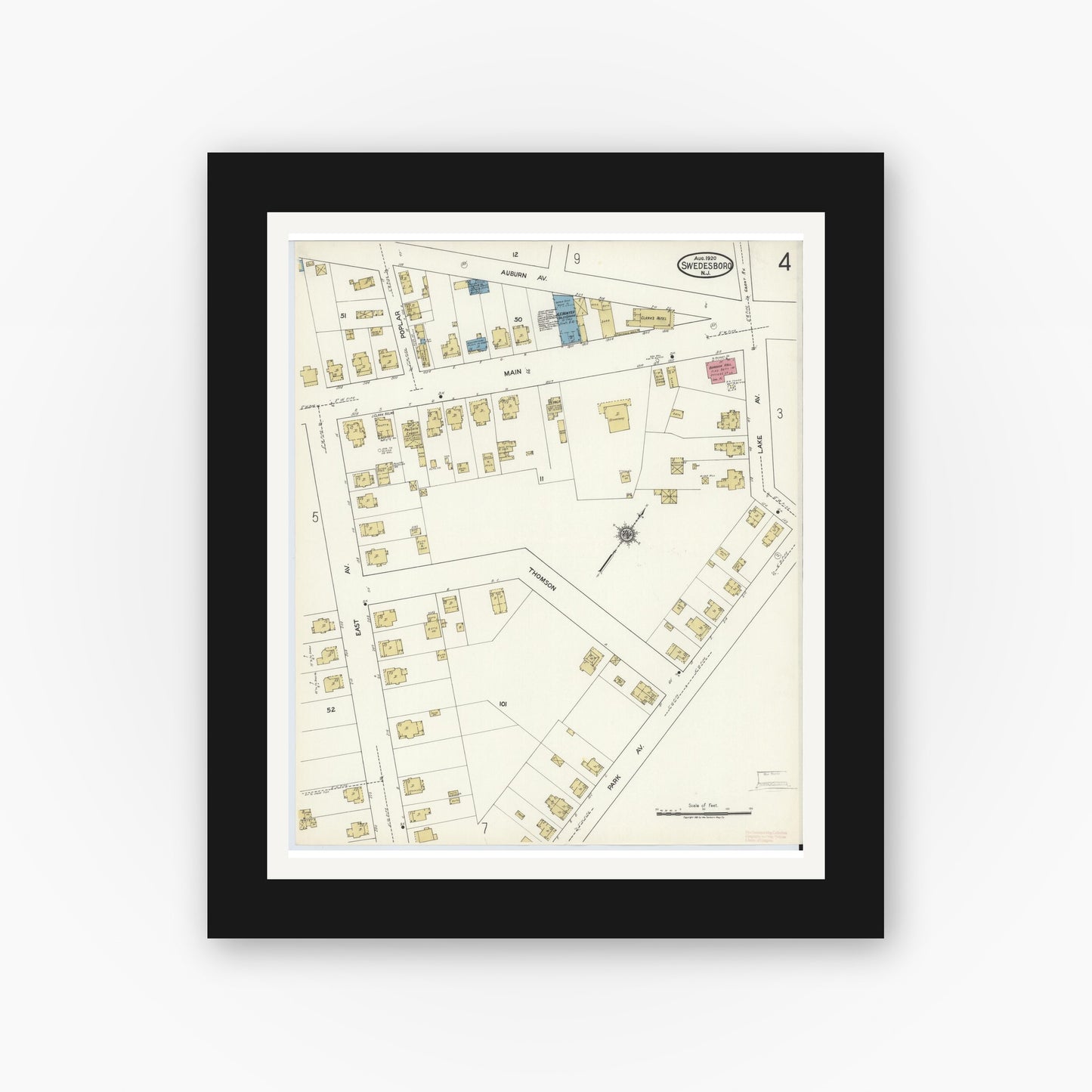 Old map wall art mockup — black gallery frame with white mat — Sanborn Fire Insurance Map from Swedesboro, Gloucester County, New Jersey (1920), Sheet #0004