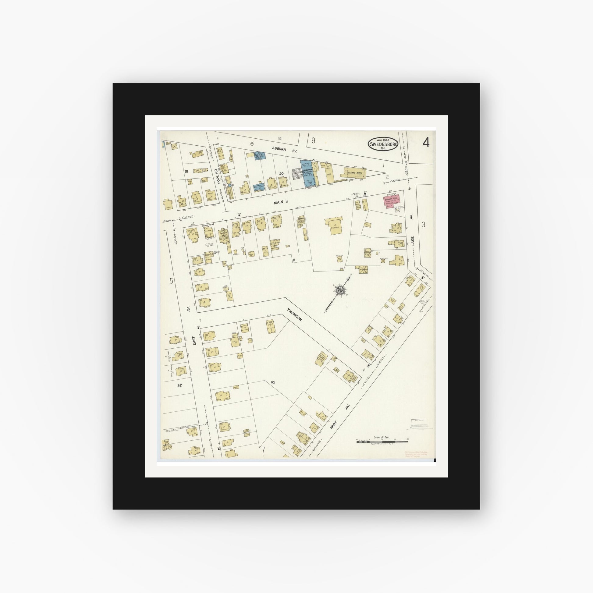 Old map wall art mockup — black gallery frame with white mat — Sanborn Fire Insurance Map from Swedesboro, Gloucester County, New Jersey (1920), Sheet #0004