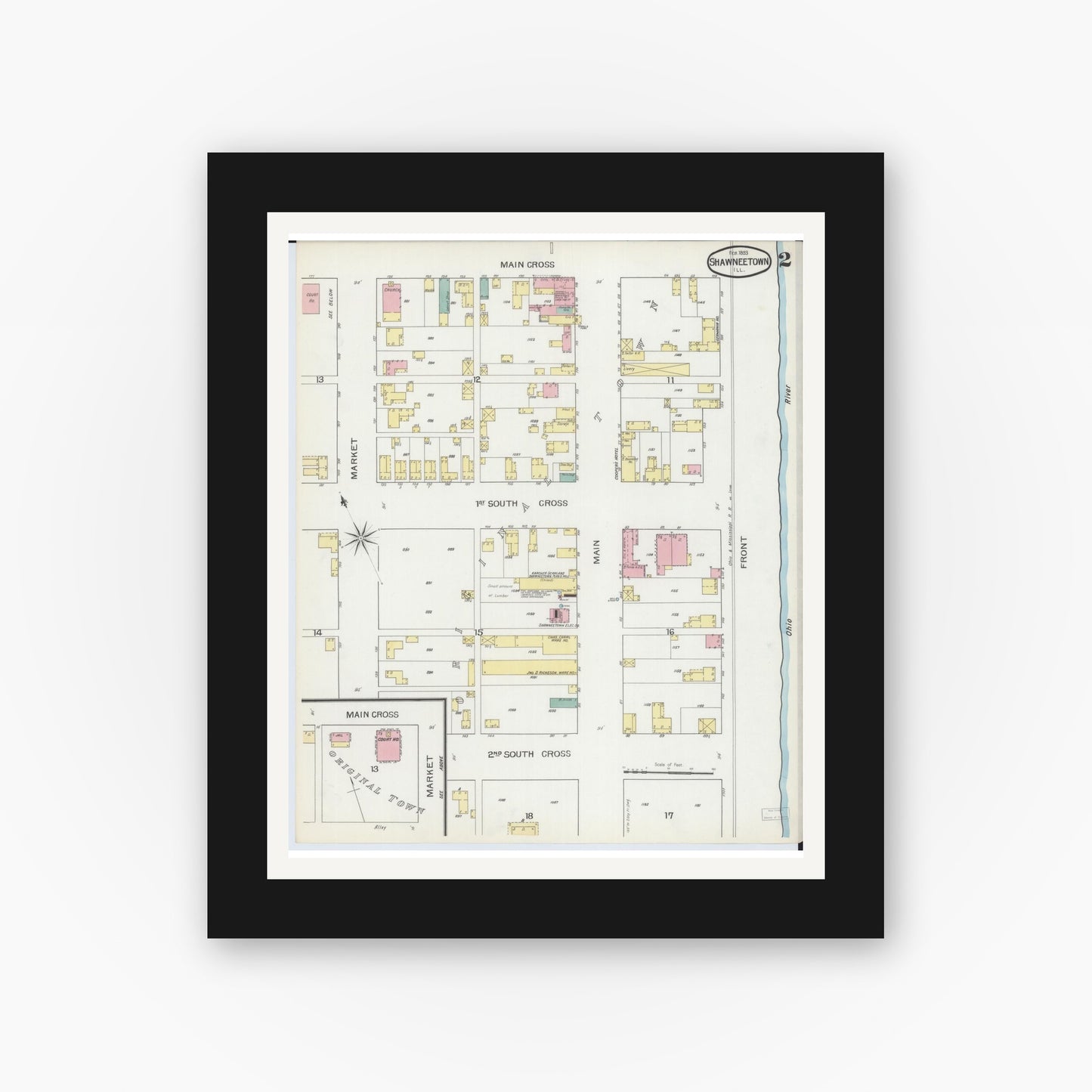 Old map wall art mockup — black gallery frame with white mat — Sanborn Fire Insurance Map from Shawneetown, Gallatin County, Illinois (1893), Sheet #0002