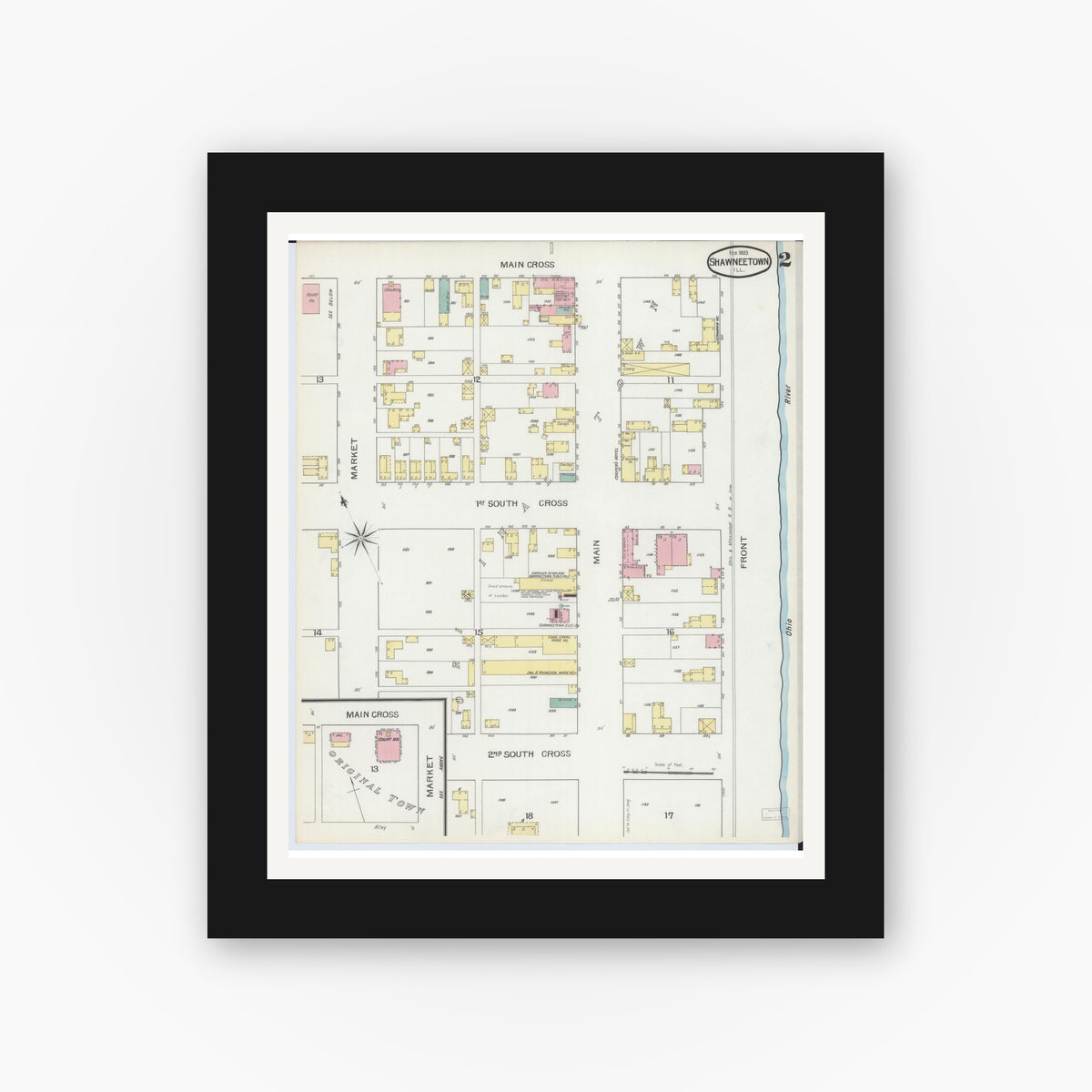 Old map wall art mockup — black gallery frame with white mat — Sanborn Fire Insurance Map from Shawneetown, Gallatin County, Illinois (1893), Sheet #0002