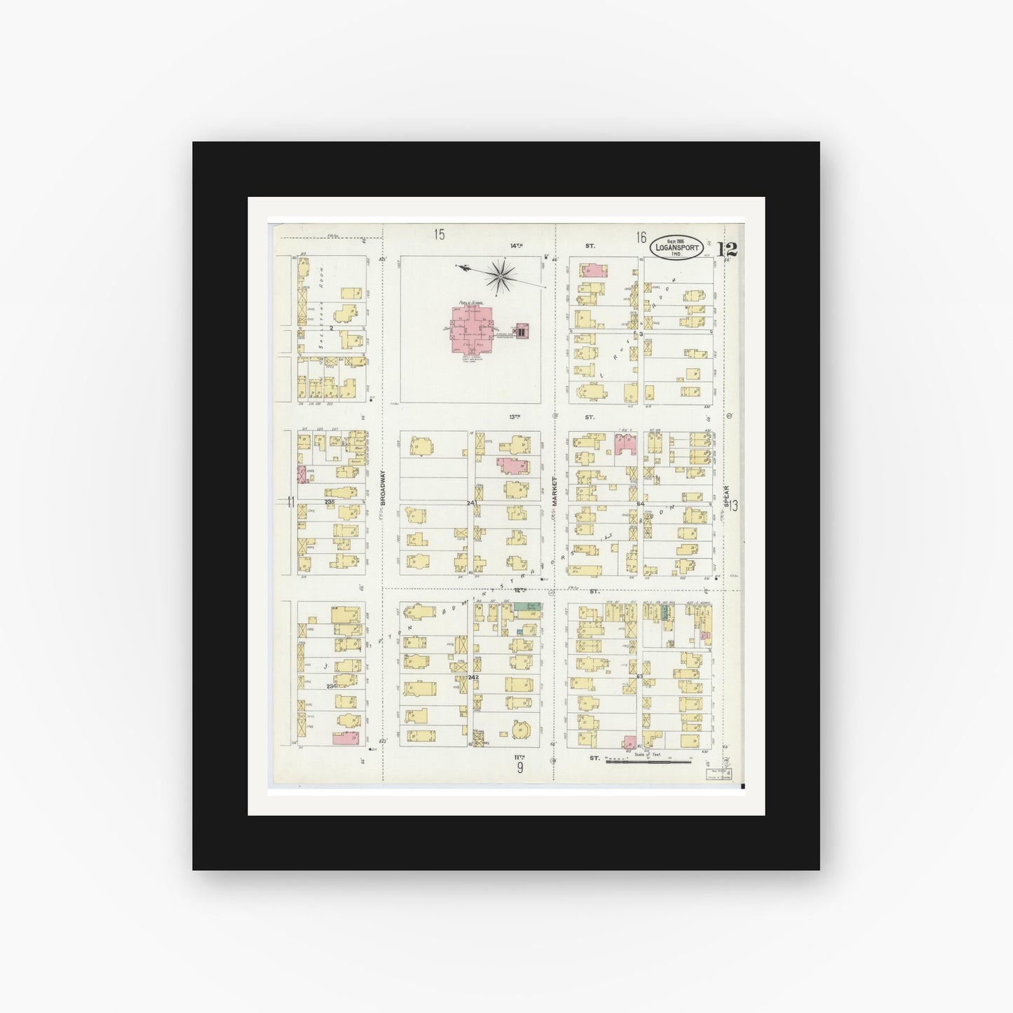 Old map wall art mockup — black gallery frame with white mat — Sanborn Fire Insurance Map from Logansport, Cass County, Indiana (1906), Sheet #0012