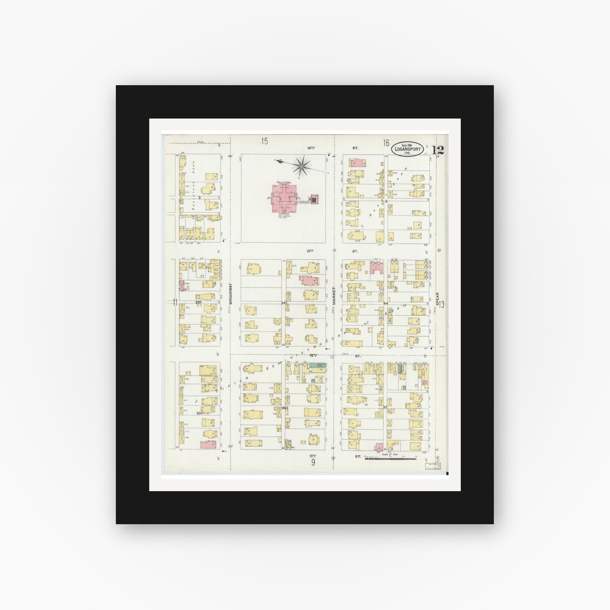 Old map wall art mockup — black gallery frame with white mat — Sanborn Fire Insurance Map from Logansport, Cass County, Indiana (1906), Sheet #0012