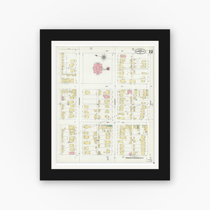 Old map wall art mockup — black gallery frame with white mat — Sanborn Fire Insurance Map from Logansport, Cass County, Indiana (1906), Sheet #0012