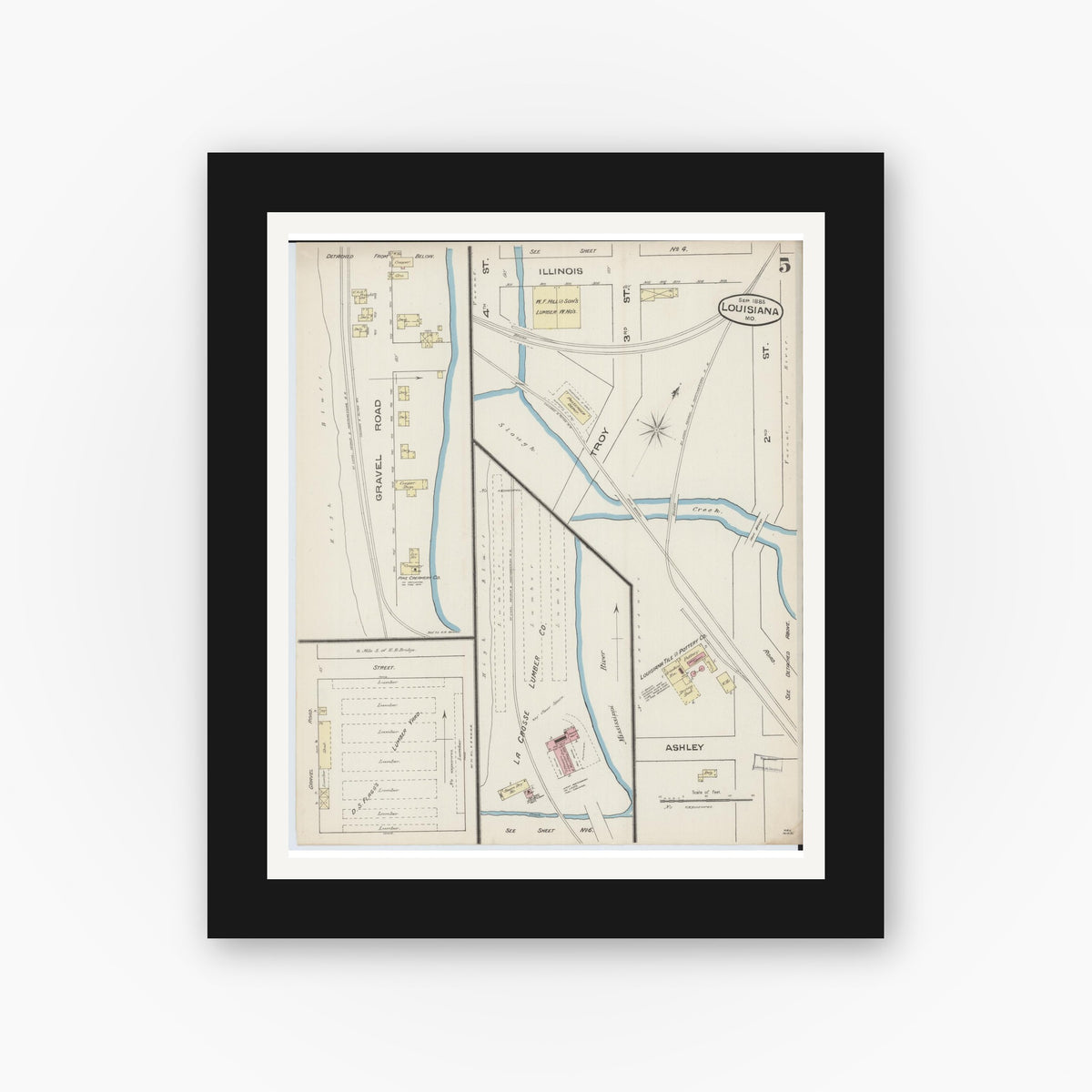 Old map wall art mockup — black gallery frame with white mat — Sanborn Fire Insurance Map from Louisiana, Pike County, Missouri (1885), Sheet #0005