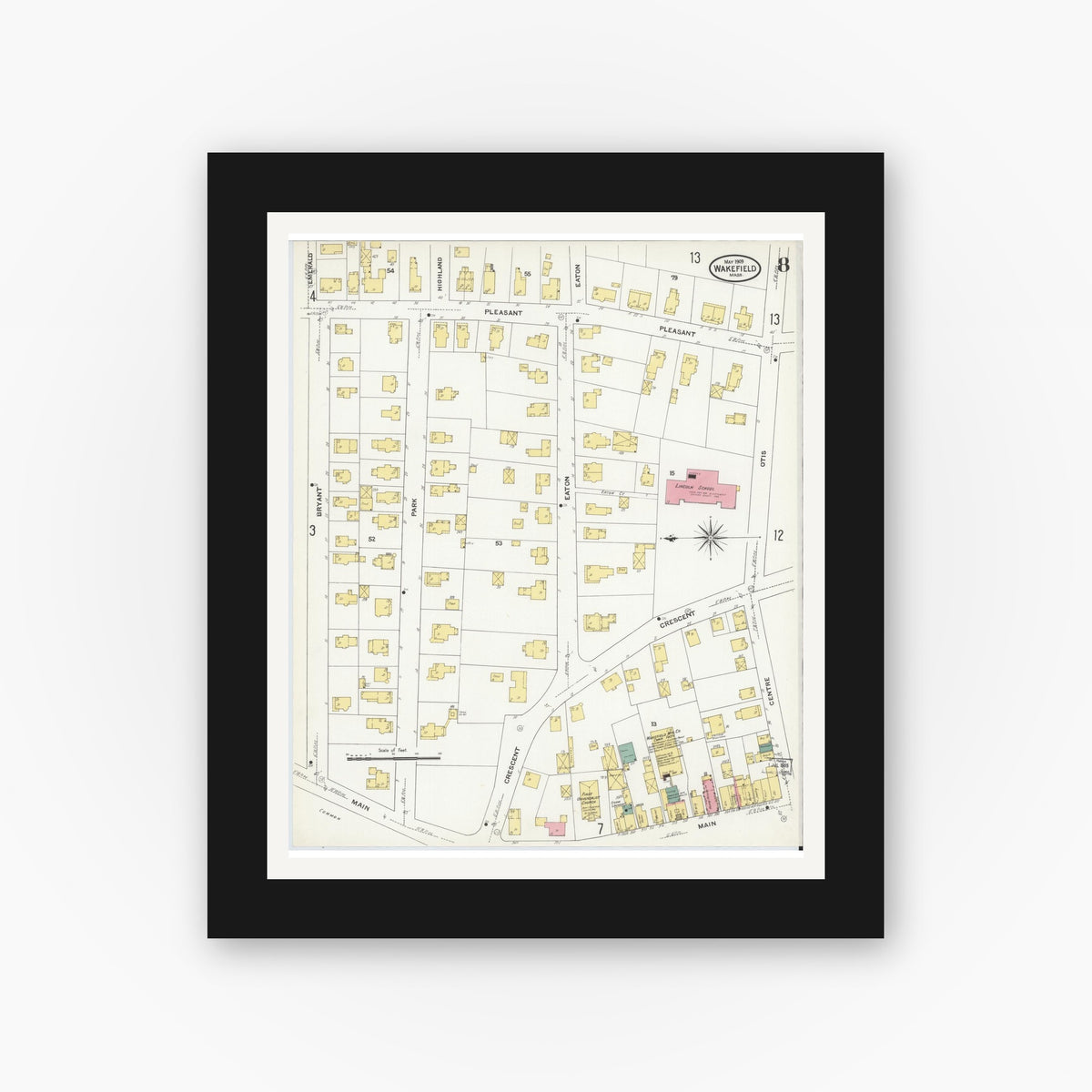 Old map wall art mockup — black gallery frame with white mat — Sanborn Fire Insurance Map from Wakefield, Middlesex County, Massachusetts (1909), Sheet #0008