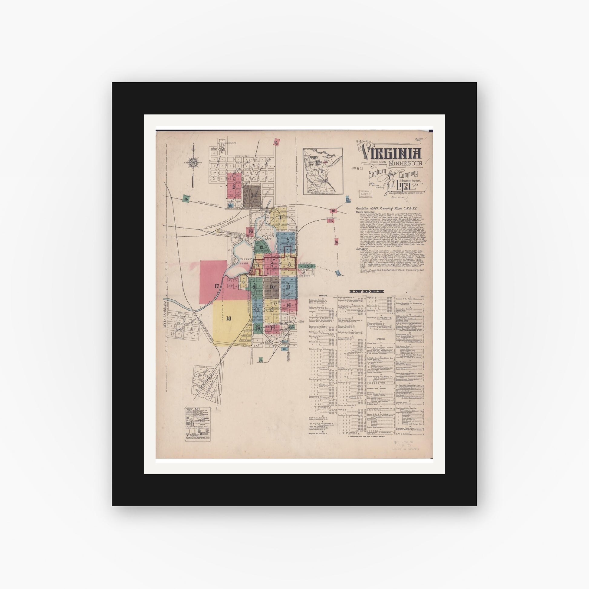 Old map wall art mockup — black gallery frame with white mat — Sanborn Fire Insurance Map from Virginia, Saint Louis County, Minnesota (1921) - Complete Map Set