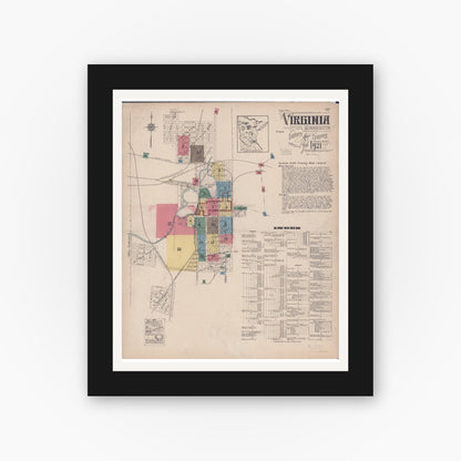 Old map wall art mockup — black gallery frame with white mat — Sanborn Fire Insurance Map from Virginia, Saint Louis County, Minnesota (1921) - Complete Map Set