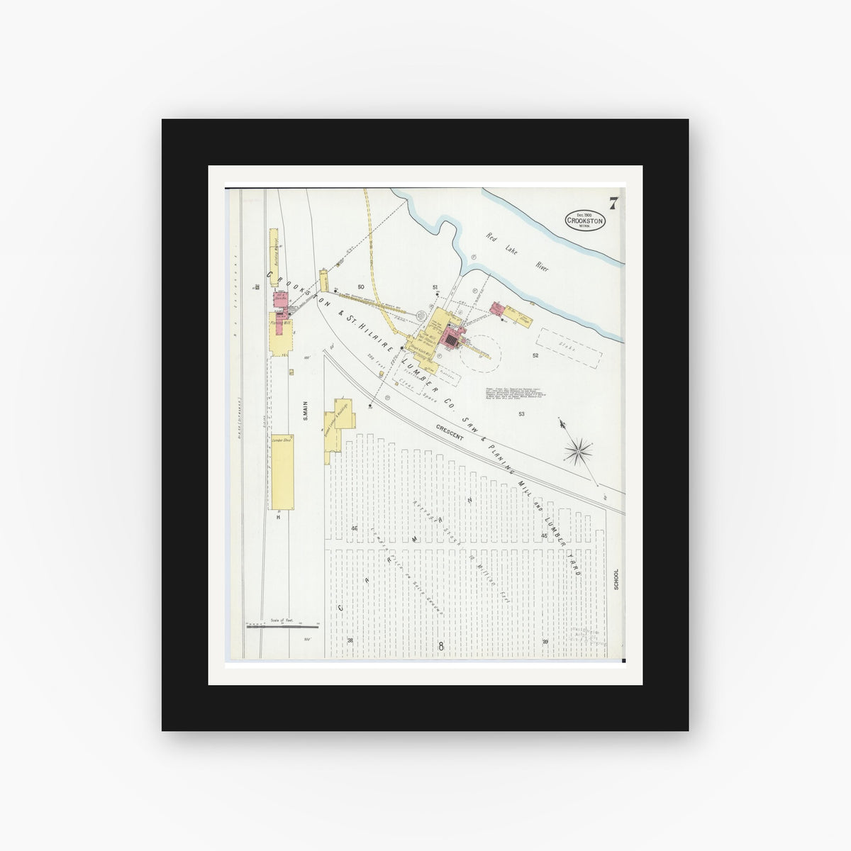 Old map wall art mockup — black gallery frame with white mat — Sanborn Fire Insurance Map from Crookston, Polk County, Minnesota (1900), Sheet #0007