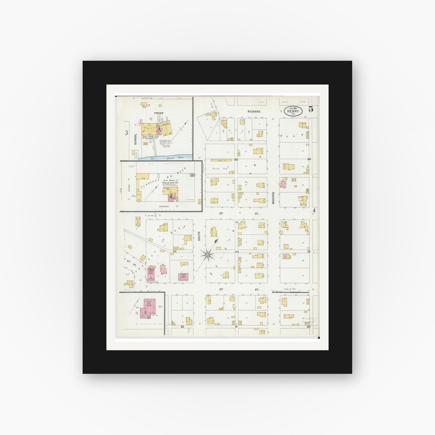 Old map wall art mockup — black gallery frame with white mat — Sanborn Fire Insurance Map from Henry, Marshall County, Illinois (1899), Sheet #0005