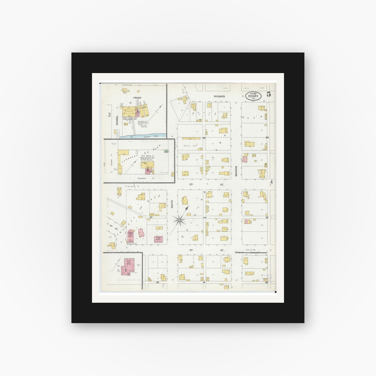 Old map wall art mockup — black gallery frame with white mat — Sanborn Fire Insurance Map from Henry, Marshall County, Illinois (1899), Sheet #0005