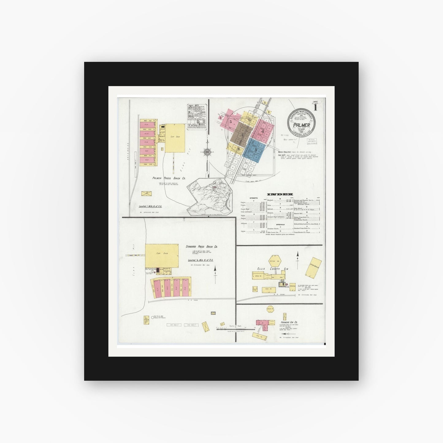 Old map wall art mockup — black gallery frame with white mat — Sanborn Fire Insurance Map from Palmer, Ellis County, Texas (1921), Sheet #0001