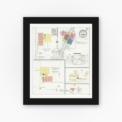 Old map wall art mockup — black gallery frame with white mat — Sanborn Fire Insurance Map from Palmer, Ellis County, Texas (1921), Sheet #0001